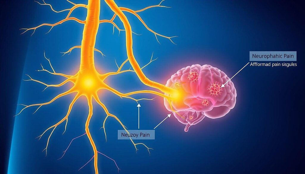 Illustration of neuropathic pain showing damaged nerves sending pain signals to the brain