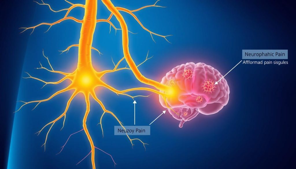 Illustration of neuropathic pain showing damaged nerves sending pain signals to the brain